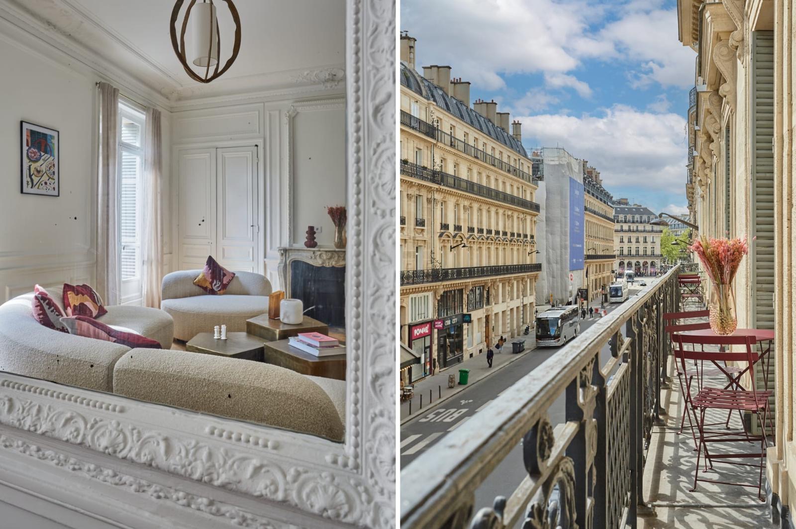 Salon reflété dans un trumeau à cadre de plâtre sculpté, et balcon filant sur une rue parisienne