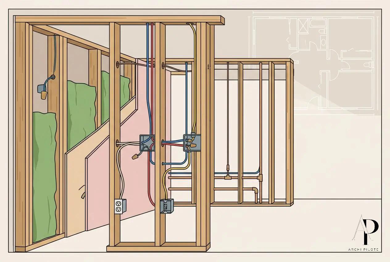 Schéma montrant une ossature bois en construction avec câblage électrique et plomberie, illustrant les étapes d’un chantier de BTP. 5 étapes principales d'un chantier difficiles à résumer ici.